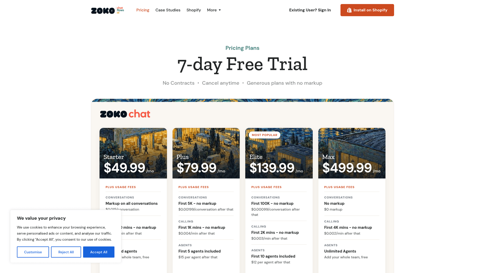 Zoko pricing page showing Starter at $49.99, Plus at $79.99, Elite at $139.99 and Max at $499.99 a month with usage fees under each, as taken from Zoko
