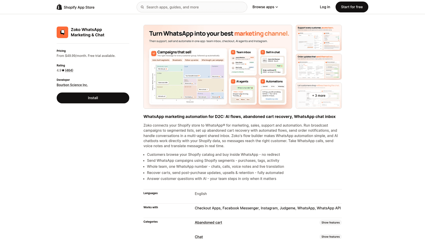 Zoko's Shopify App Store listing showing a team inbox, AI agents and order automations, priced from $49.99 a month, as taken from the Shopify App Store
