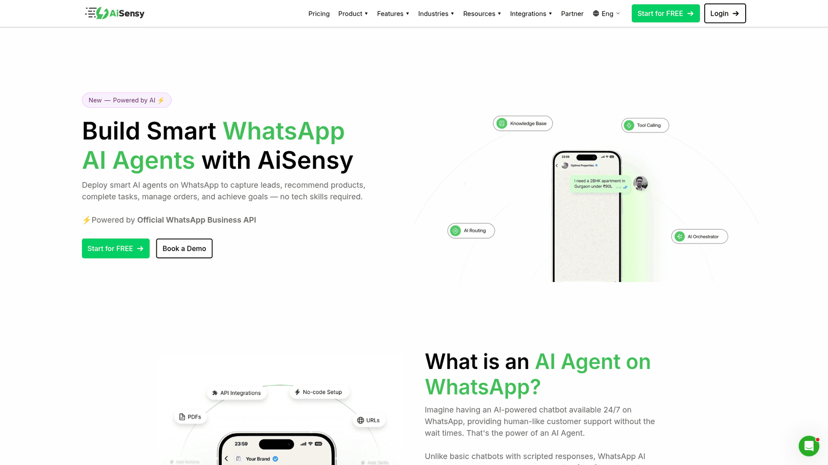 AiSensy WhatsApp AI agents page with the headline Build Smart WhatsApp AI Agents, a phone chat and labels for knowledge base, tool calling, AI routing and AI orchestration, as taken from AiSensy
