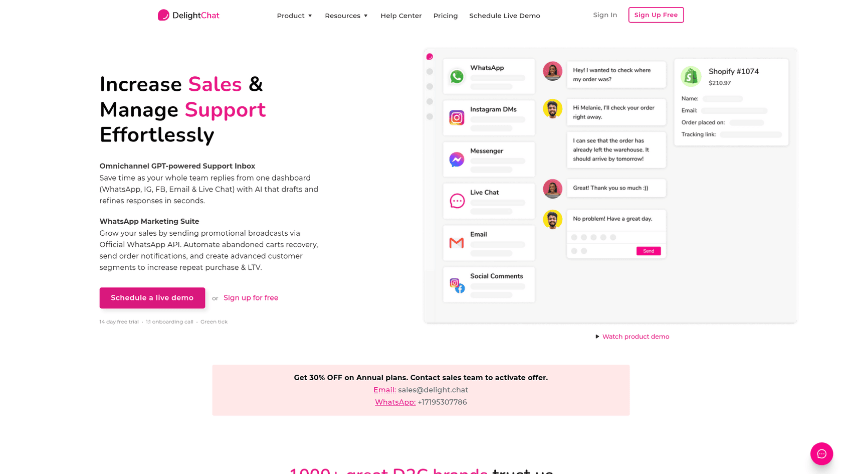 DelightChat homepage showing one inbox with WhatsApp, Instagram DMs, Messenger, live chat, email and social comments, next to a conversation about an order and the Shopify order card, as taken from DelightChat