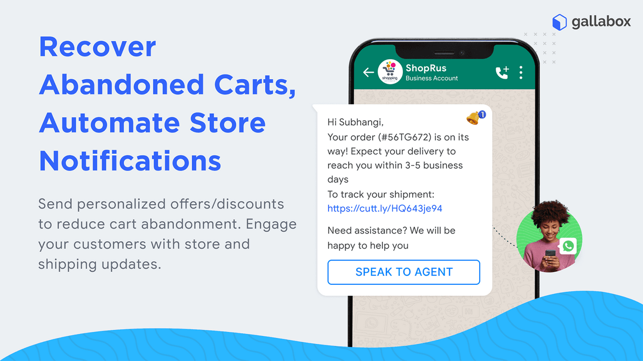 Gallabox WhatsApp order notification on a phone, telling a customer their order is on its way with a tracking link and a Speak to agent button, as taken from Gallabox's Shopify listing