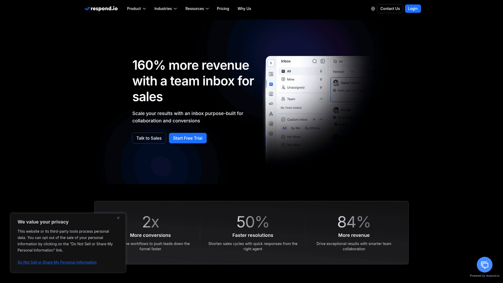 respond.io inbox page with the headline 160% more revenue with a team inbox for sales, showing the inbox with chats sorted by lifecycle stage, as taken from respond.io