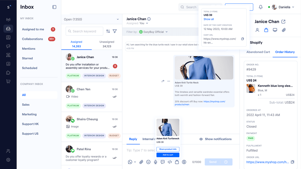 SleekFlow inbox with a customer conversation about a product, next to a Shopify panel showing the customer's order history and fulfilment status, as taken from SleekFlow's Shopify listing