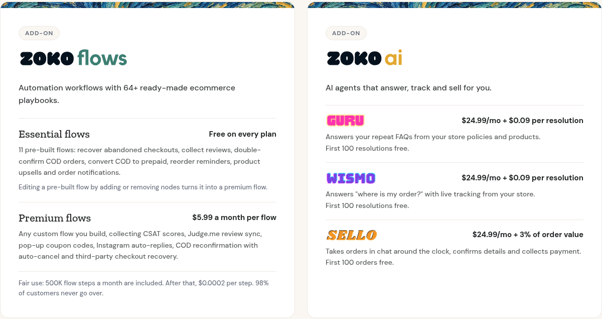 Zoko Flows and Zoko AI add-on pricing: essential flows free, premium flows $5.99 a month each, and the Guru, Wismo and Sello AI agents from $24.99 a month, as taken from Zoko