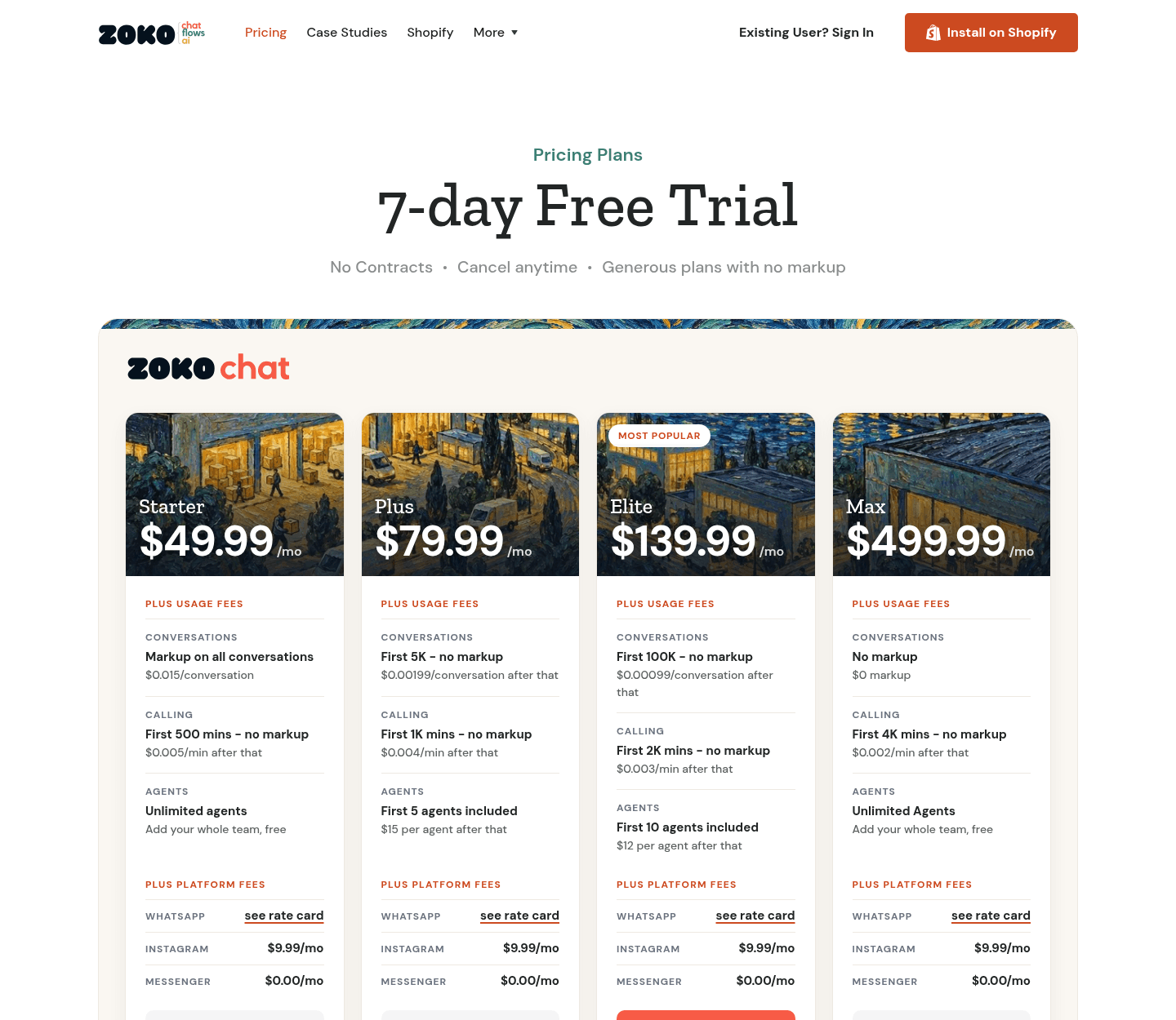 The Zoko pricing page with four Zoko chat plans: Starter at $49.99 a month with $0.015 per conversation, 500 no-markup call minutes and unlimited agents; Plus at $79.99 with the first 5K conversations and 1K minutes free and 5 agents included; Elite at $139.99 with the first 100K conversations and 2K minutes free and 10 agents; and Max at $499.99 with 4K minutes, each with WhatsApp at Meta's rate card, Instagram at $9.99 and Messenger at $0, as taken from Zoko