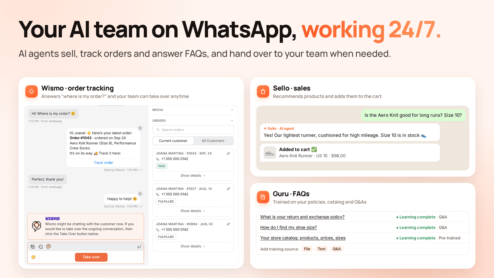 Zoko's AI agents graphic on the Shopify App Store: Wismo answers where is my order with order #1043 and a track link and shows a Take over button, Sello recommends an Aero Knit Runner and adds it to the cart, and Guru shows training sources for return policy, shoe size and the store catalog with File, Text and Q&A options, as taken from the Shopify App Store