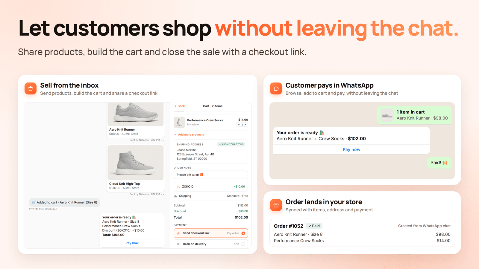 Zoko's catalog graphic on the Shopify App Store: an agent sends Aero Knit Runner and Cloud Knit High-Top product cards, builds a two-item cart with a ZOKO10 discount and a checkout link or cash on delivery option, the customer pays in WhatsApp, and order #1052 lands in the store marked Paid, as taken from the Shopify App Store
