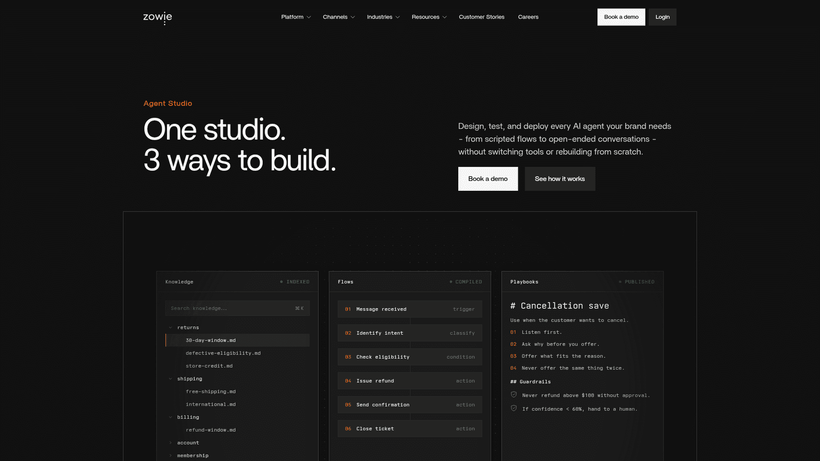 Zowie Agent Studio page showing knowledge files, a refund flow and a cancellation-save playbook side by side, as taken from Zowie