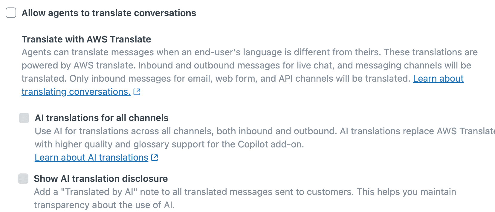 Zendesk Admin Center settings with checkboxes for Allow agents to translate conversations, AI translations for all channels, and Show AI translation disclosure, as taken from Zendesk's help center