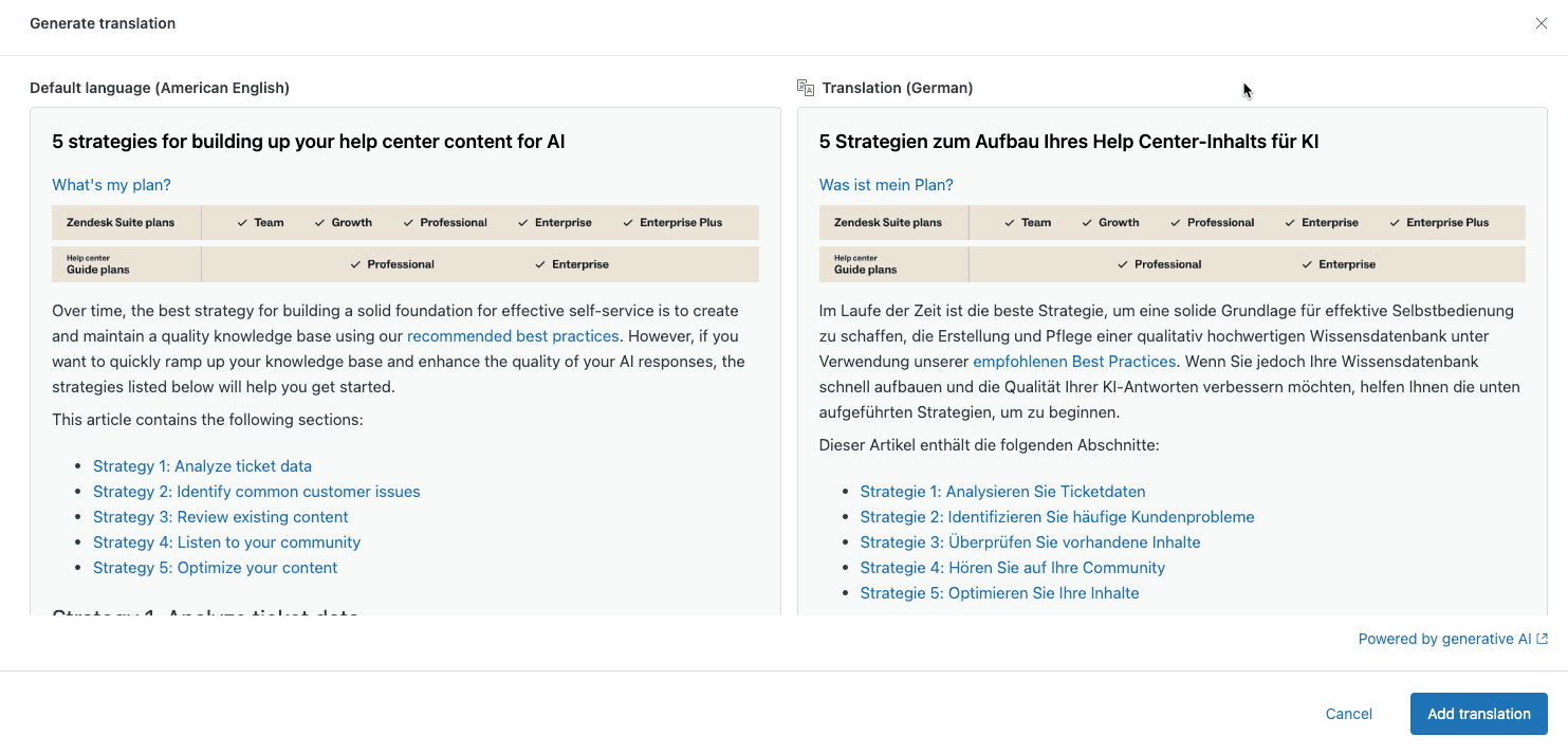 Zendesk's Generate translation dialog with an English help center article on the left and its German AI translation on the right, as taken from Zendesk's help center