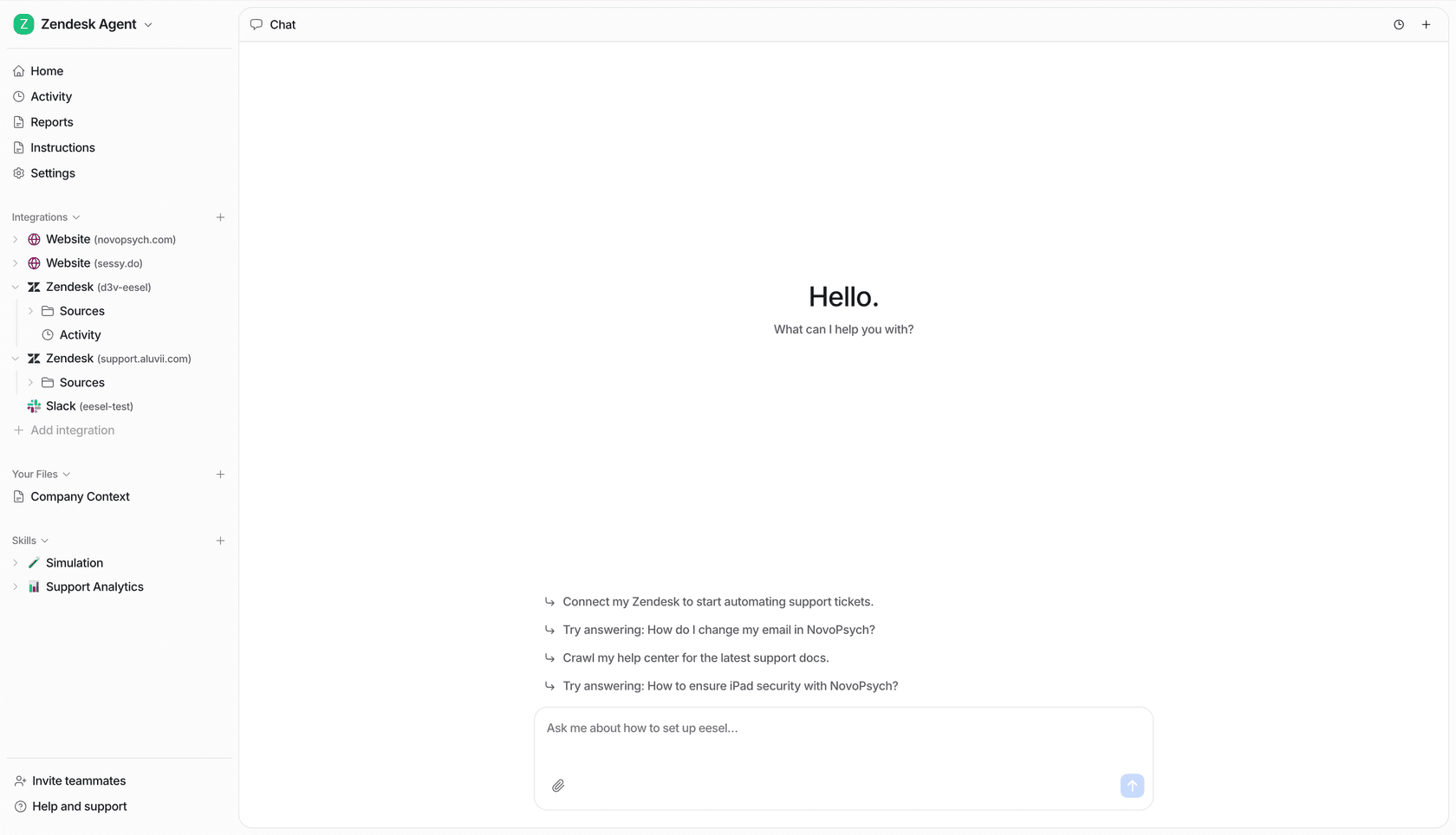 eesel AI chat interface showing a conversation where an agent resolves a technical issue autonomously.