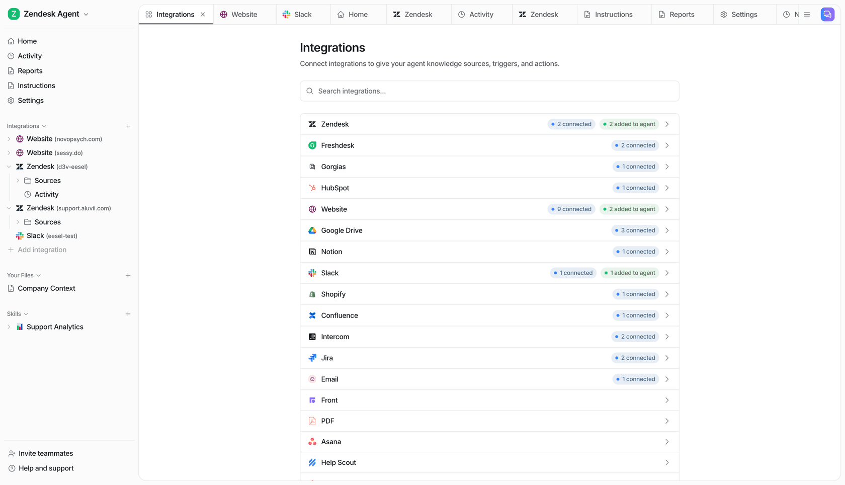 eesel AI integrations page showing connected platforms.