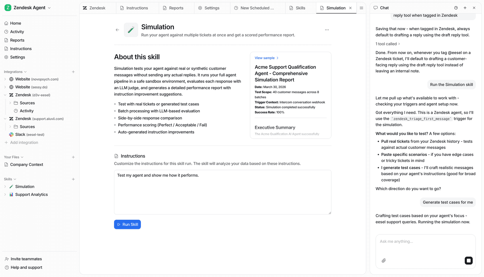 Vue de l'exécution des compétences d'eesel AI.