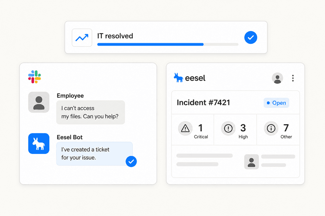 AI support assistant for DevOps teams showing Slack chat and incident management UI panels