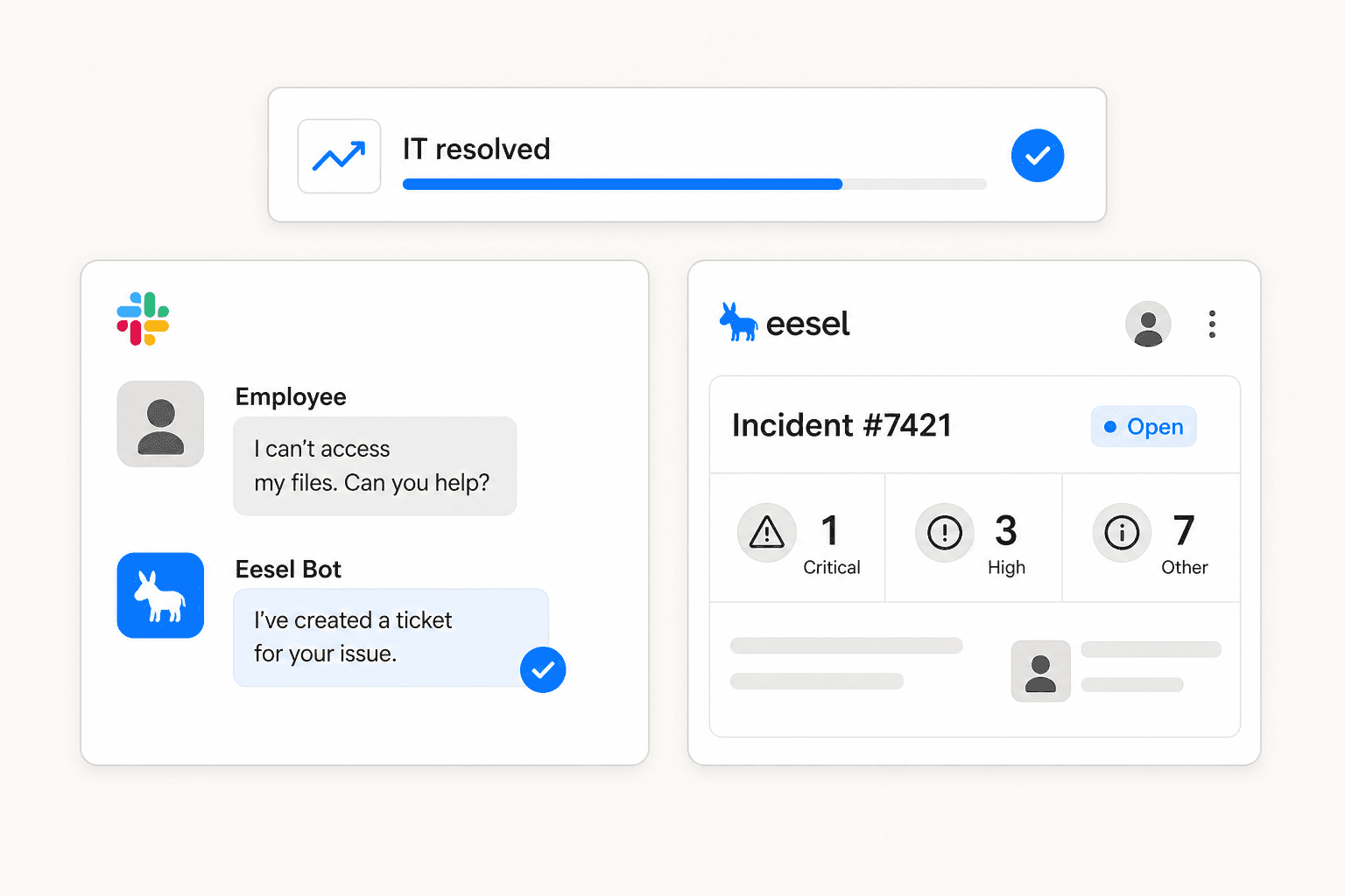 AI support assistant for DevOps teams showing Slack chat and incident management UI panels