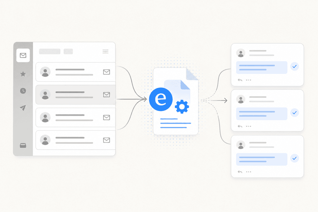 Email support automation workflow showing inbox, AI processing layer, and draft replies