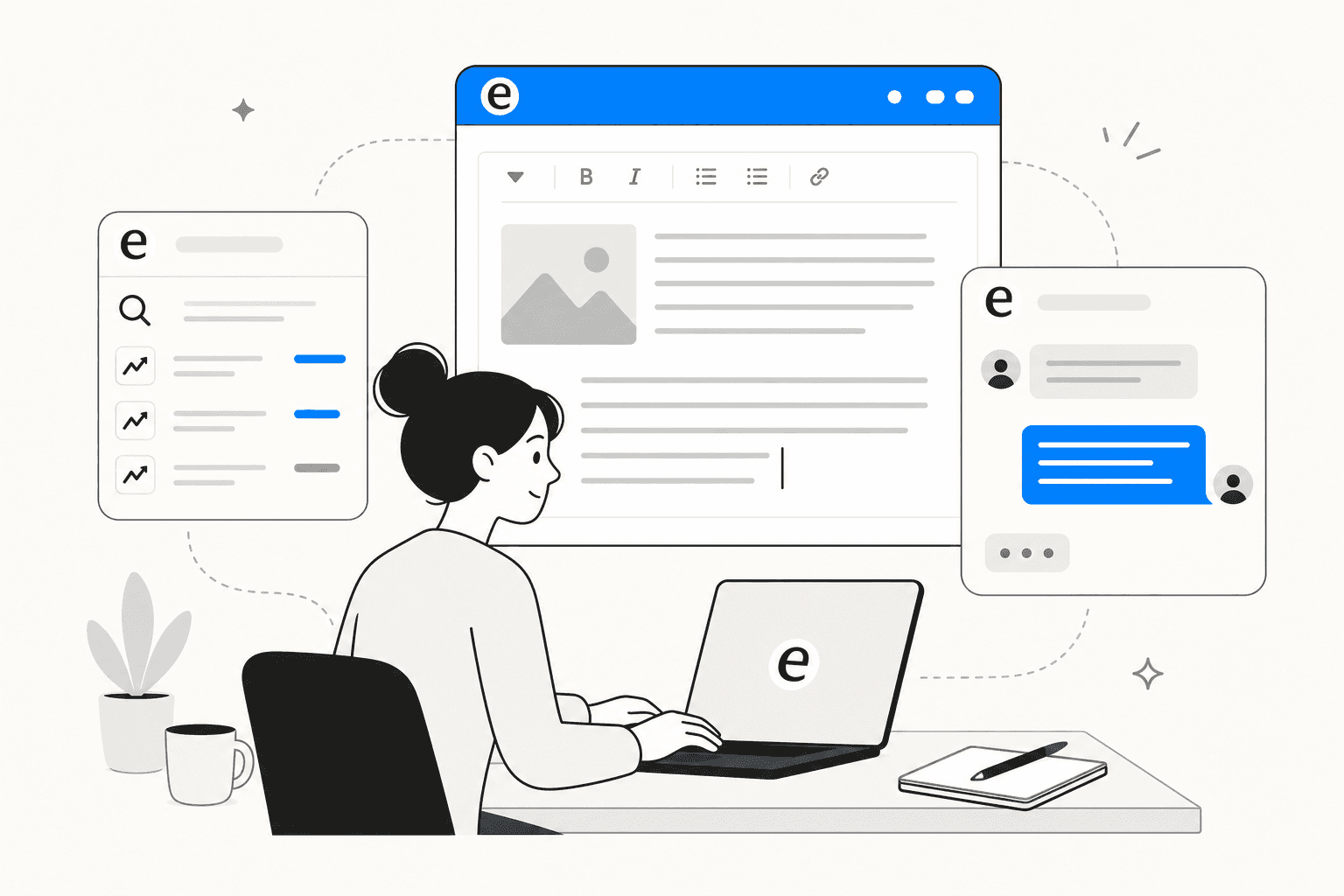 A blogger at a desk with floating AI writing interface panels around them