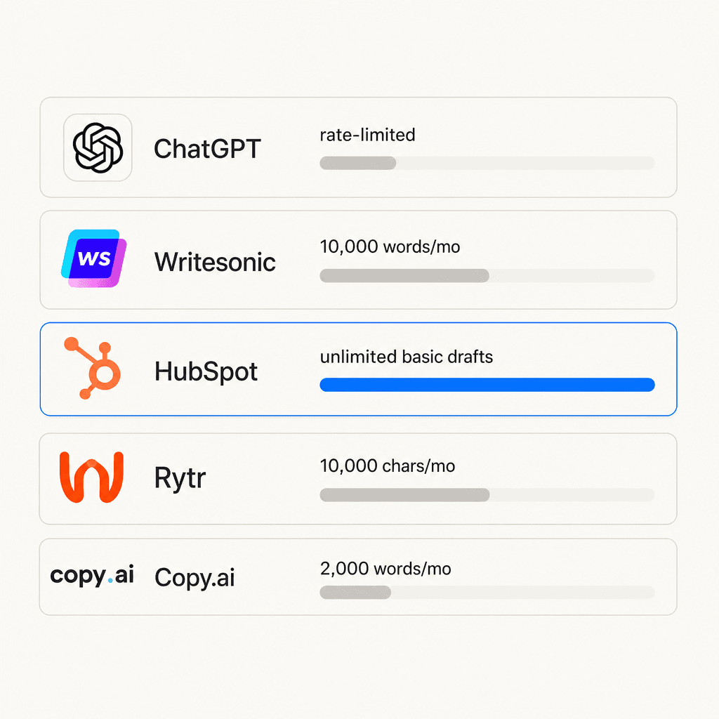 Free AI writing tool comparison: free tier limits across ChatGPT, Writesonic, HubSpot, Rytr, and Copy.ai