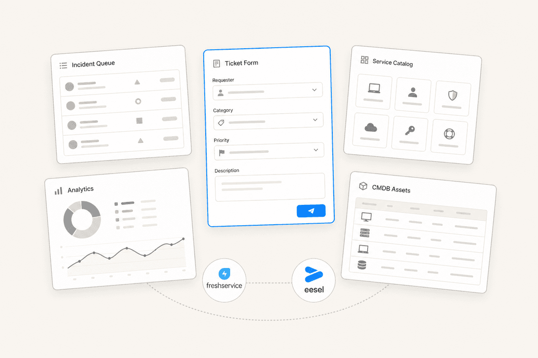 Five floating service desk UI panels on a warm off-white background representing Freshservice alternatives