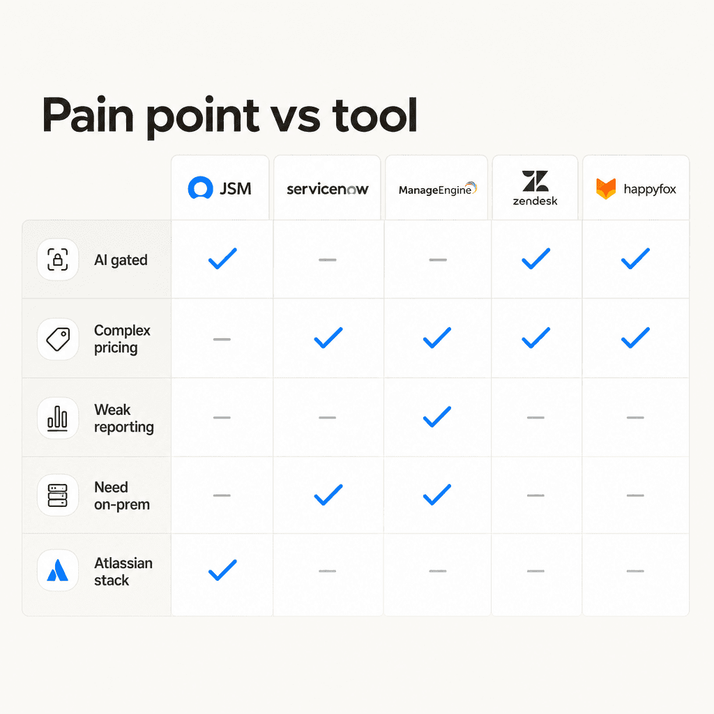 Infographic showing which Freshservice pain points each alternative solves best
