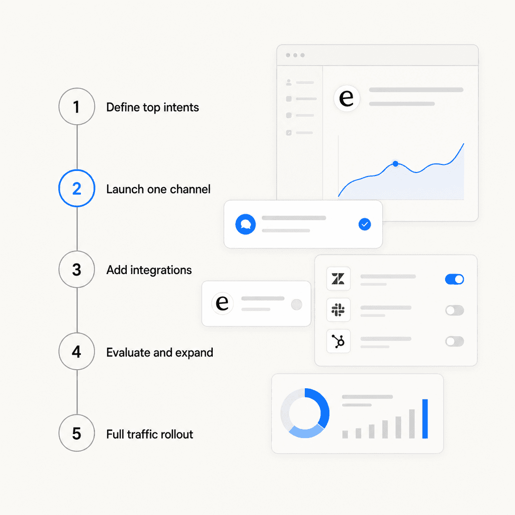 In-app support implementation roadmap showing five rollout phases from defining intents to full traffic