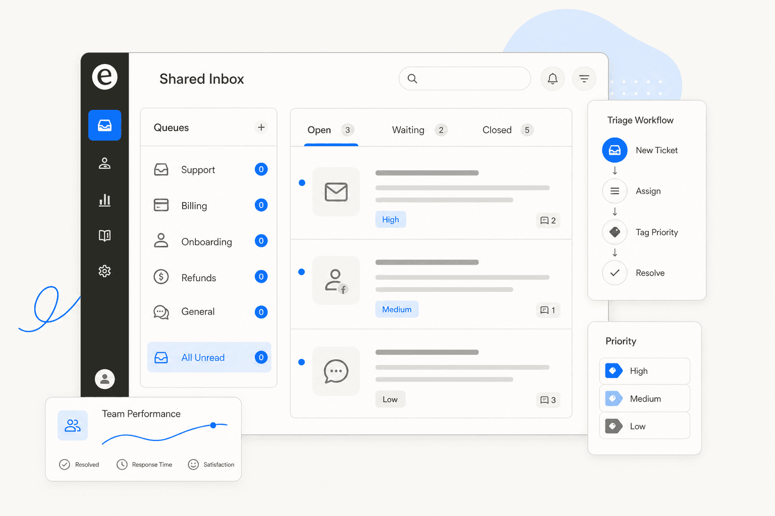 Organized support inbox dashboard with clear ticket status labels and triage workflow