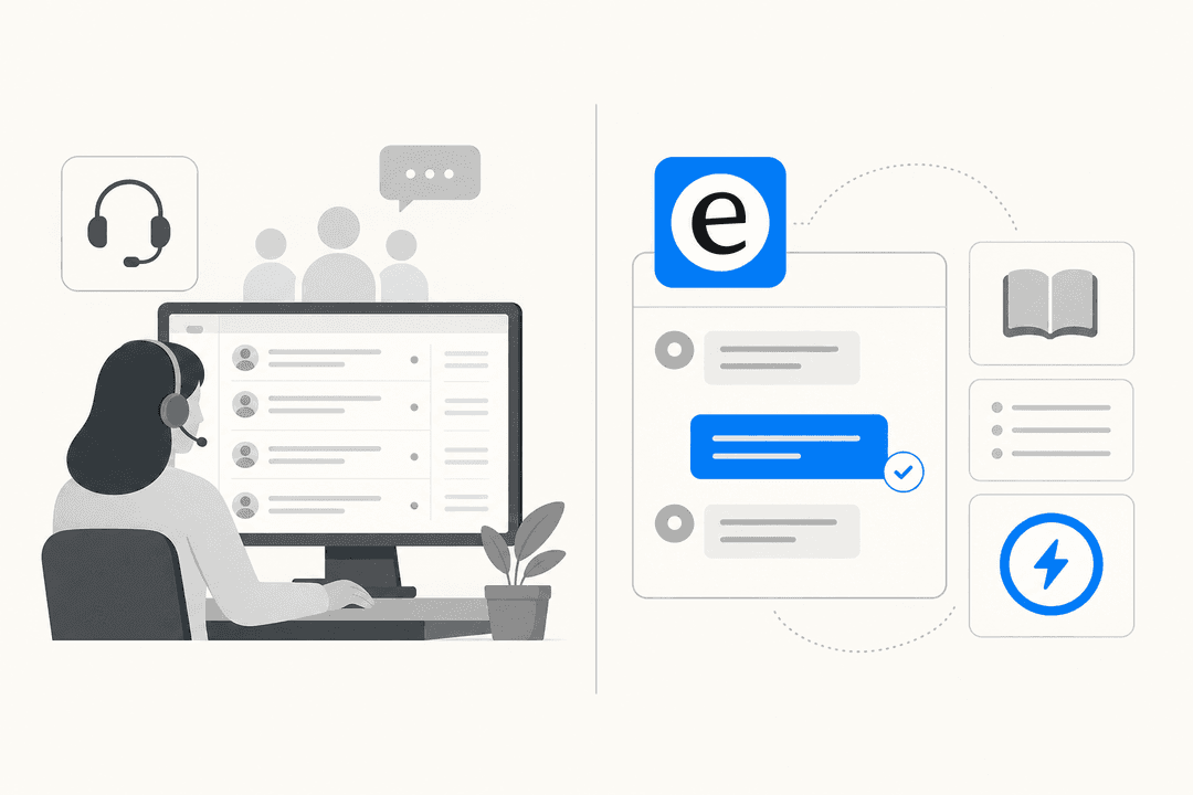 Split panel showing a human support agent workspace on the left and an AI-powered helpdesk interface on the right