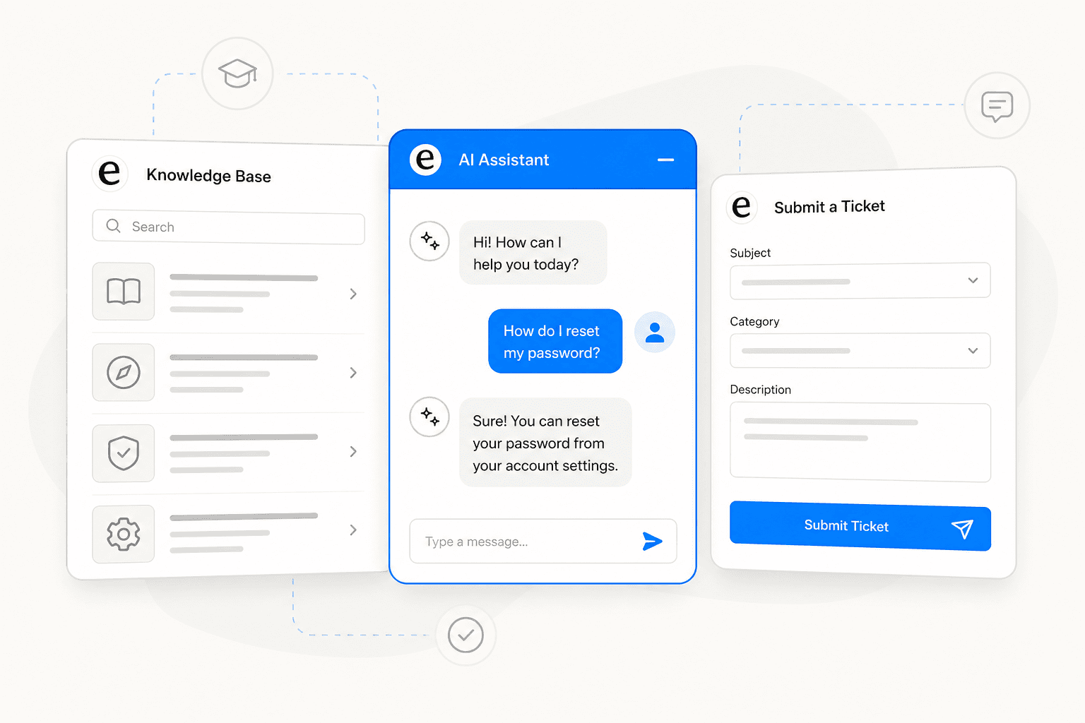 Editorial illustration of a self-service portal showing a knowledge base panel, AI chat widget, and ticket form as three floating UI panels