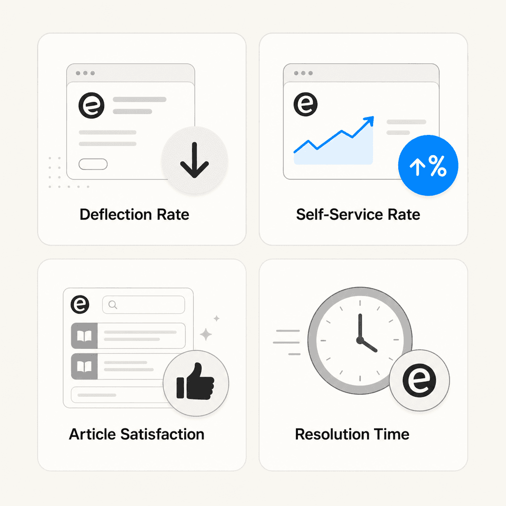 Four key metrics to track for self-service portal success: deflection rate, self-service rate, article satisfaction, and resolution time