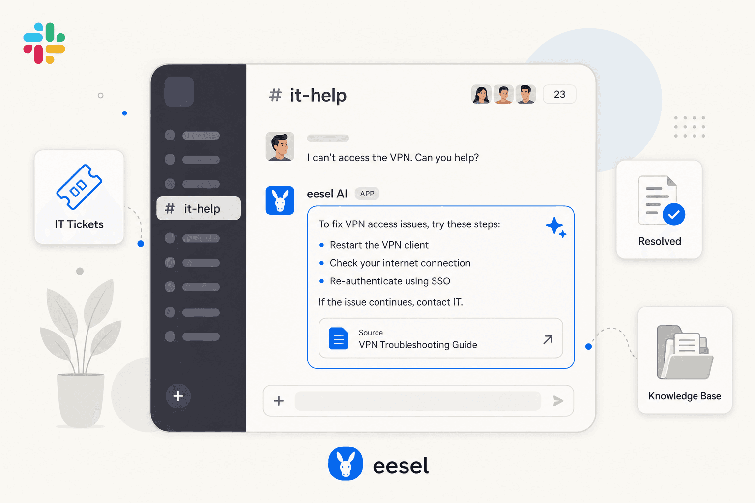 Slack IT support bot chat interface showing an AI agent answering IT questions in a #it-help channel