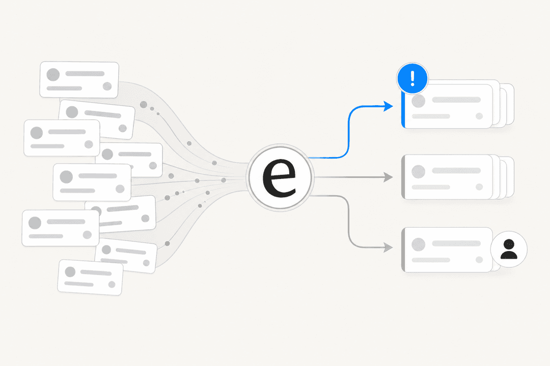 Illustration of a ticket triage workflow: incoming support tickets sorted into priority queues by an AI system