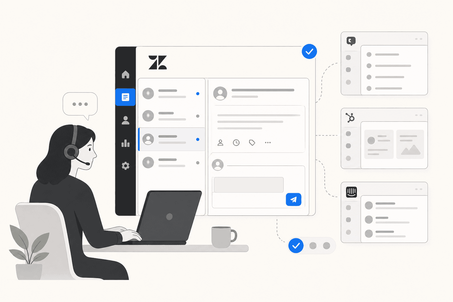 Editorial illustration of a Zendesk ticket panel surrounded by alternative AI support platforms