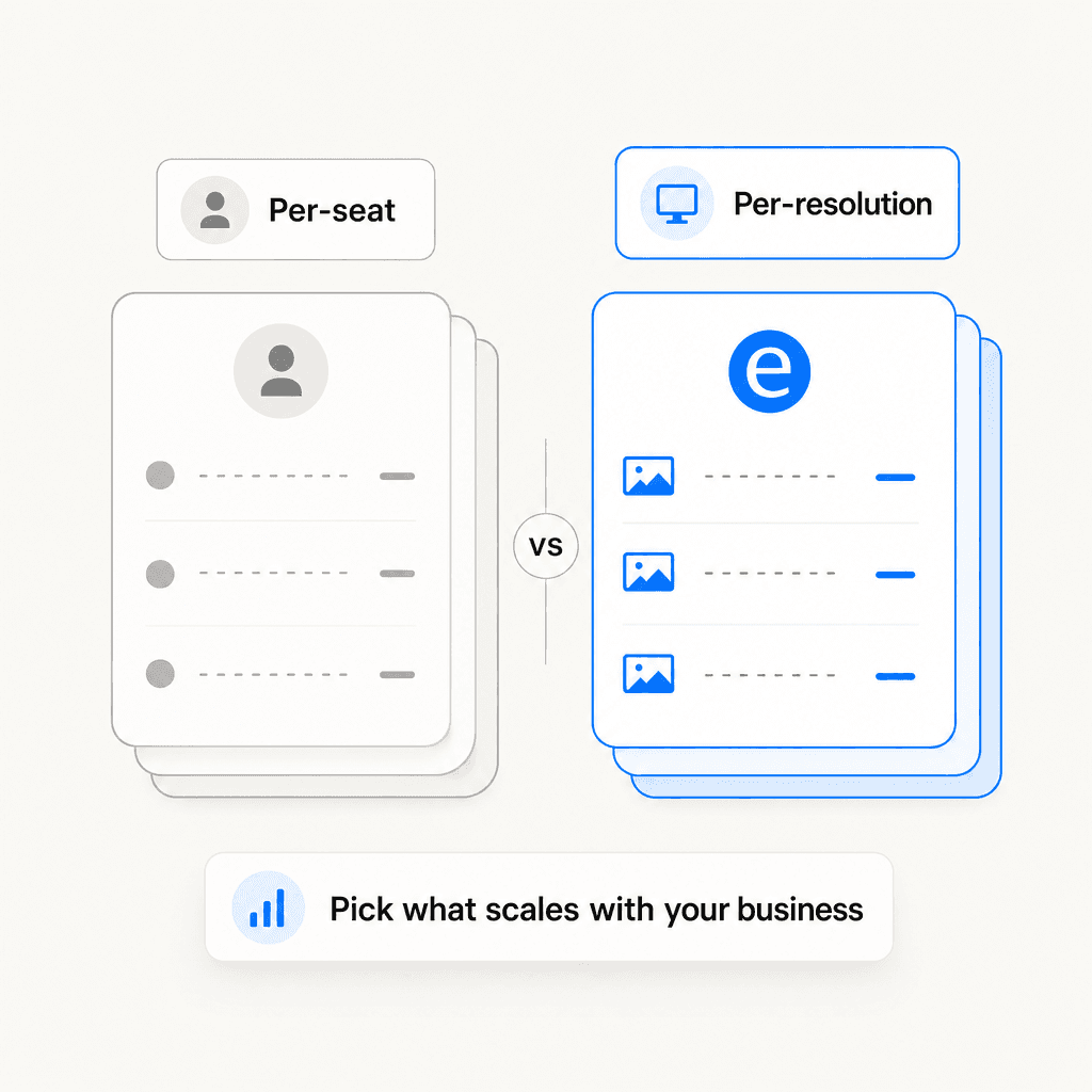 Side-by-side illustration of per-seat versus per-resolution pricing model cards
