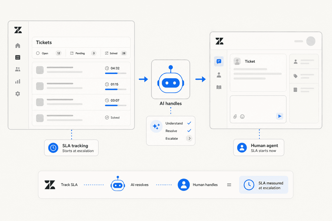 Zendesk SLA policy configuration alongside AI agent ticket handling flow