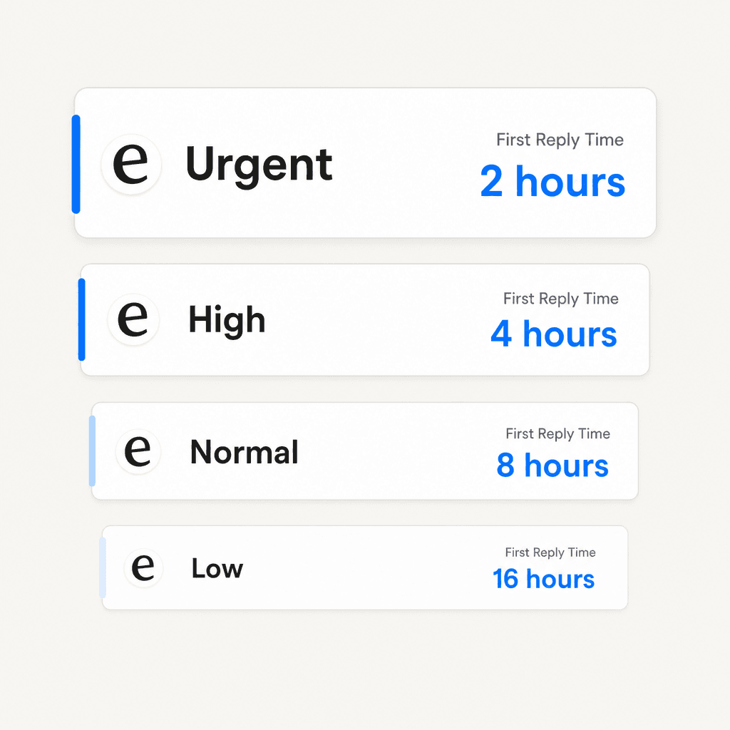 Four priority tiers with First Reply Time targets: Urgent 2 business hours, High 4 business hours, Normal 8 business hours, Low 16 business hours
