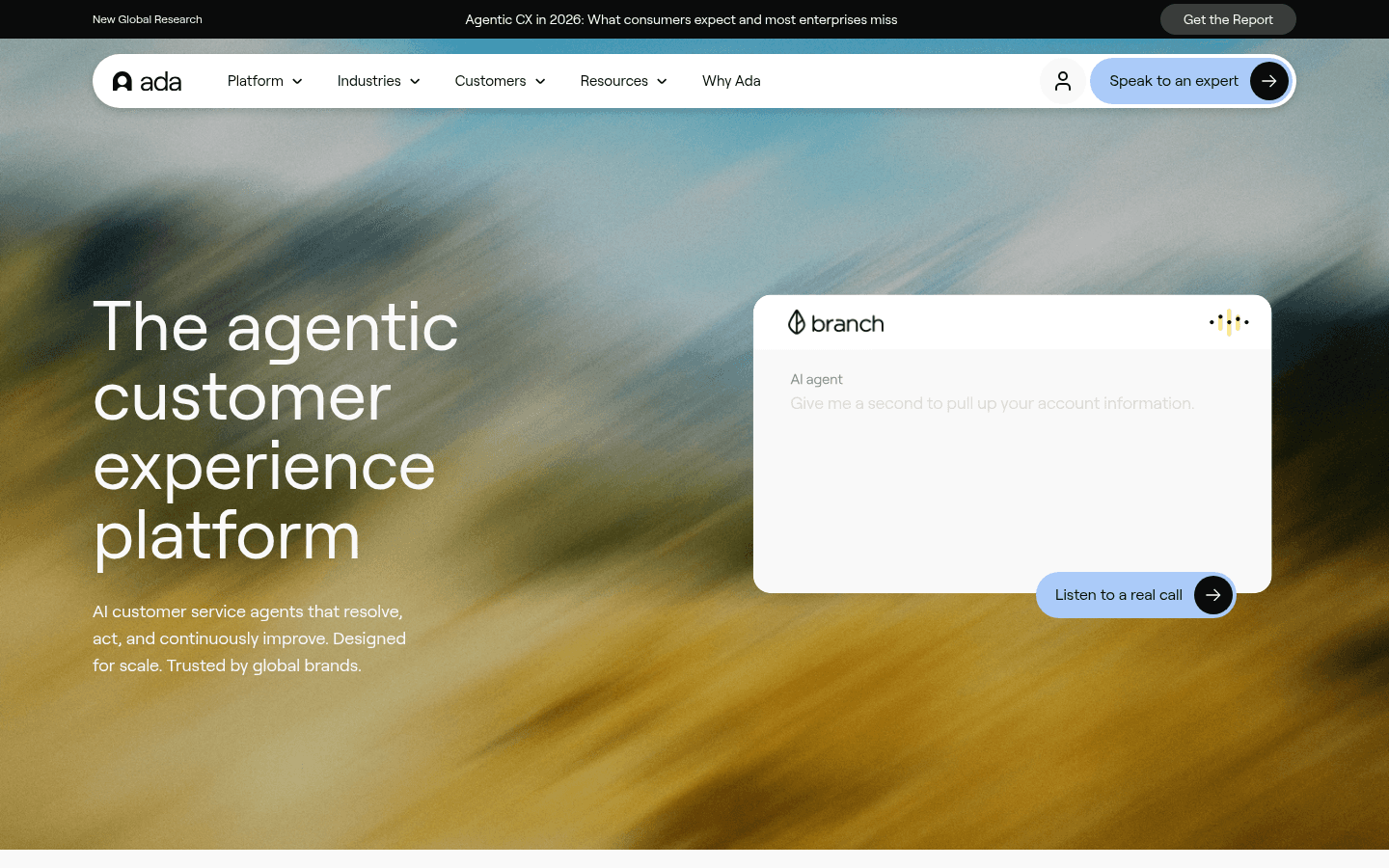 Ada homepage showing enterprise AI customer experience platform with Unified Reasoning Engine
