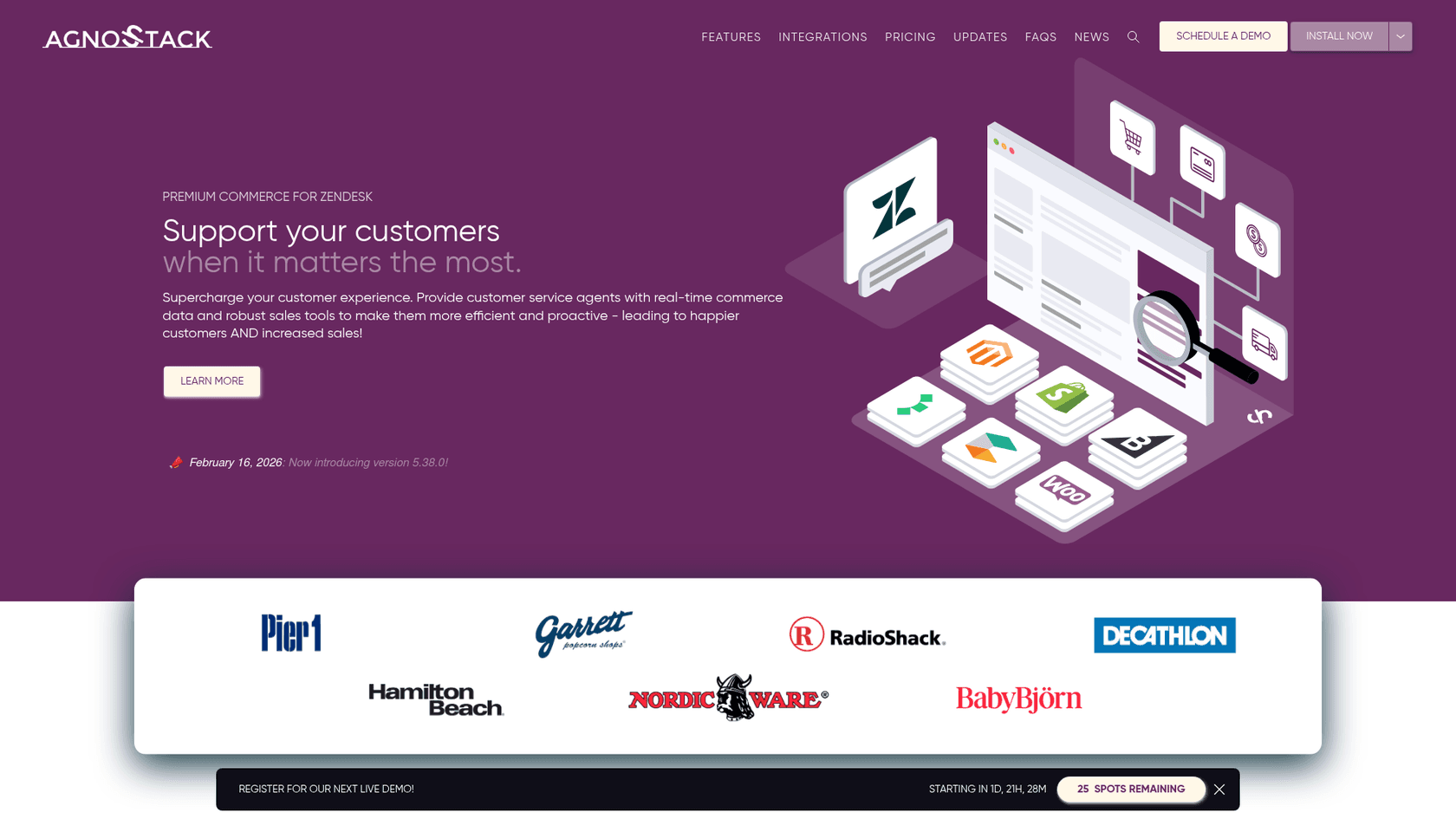 agnoStack landing page showing commerce platform integration for Zendesk