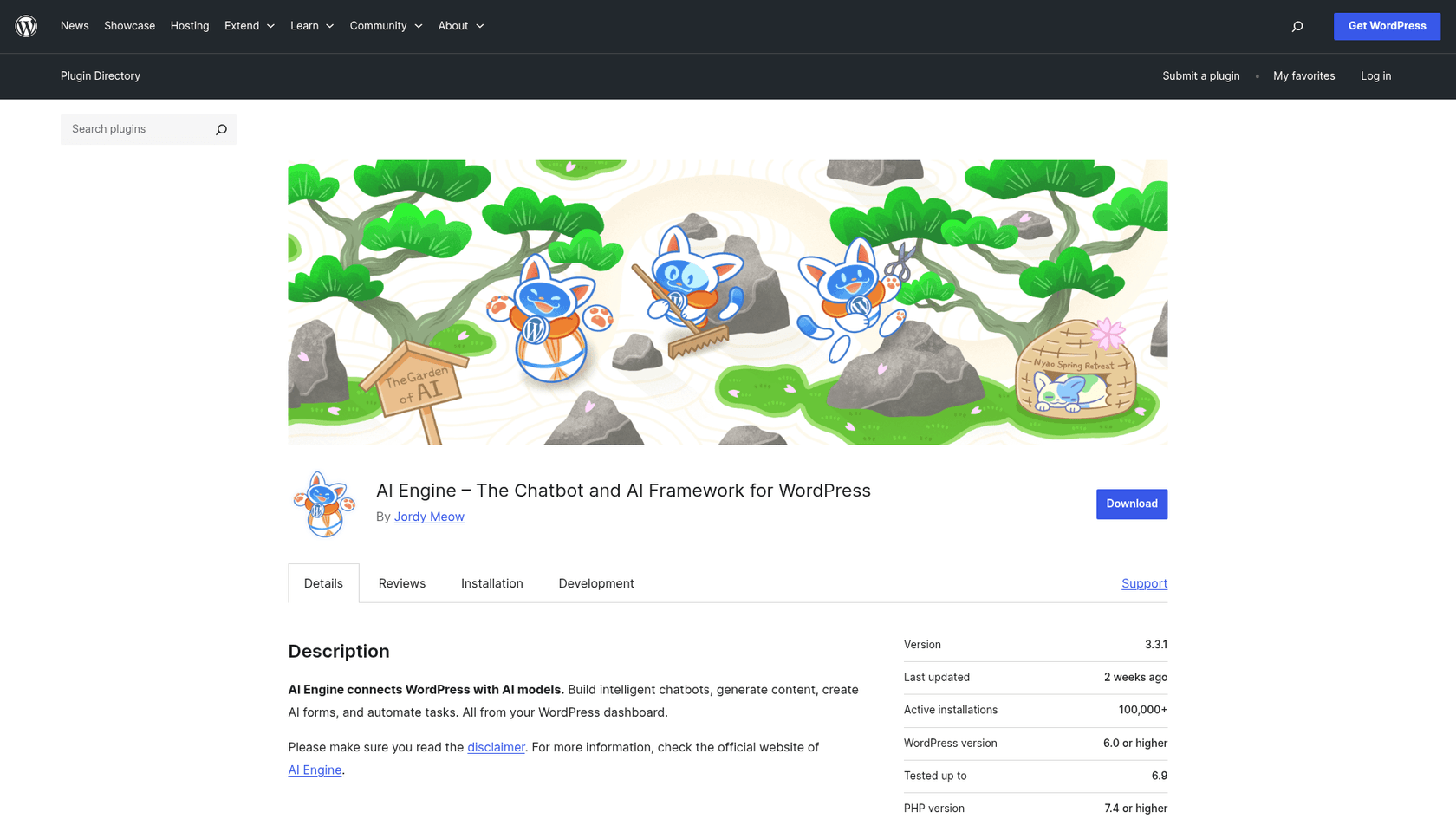 A screenshot of the AI Engine plugin page, a framework for building a custom AI blog writer for WordPress.