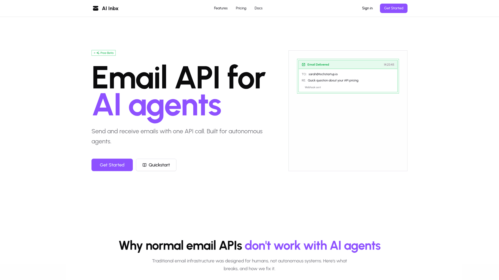 AI Inbx-Landingpage mit E-Mail-API für KI-Agenten