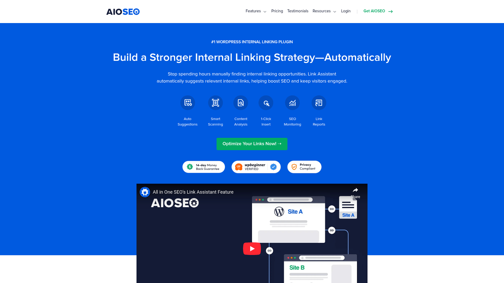 A screenshot of the AIOSEO Link Assistant feature page, an AI internal linking tool integrated into the AIOSEO plugin.