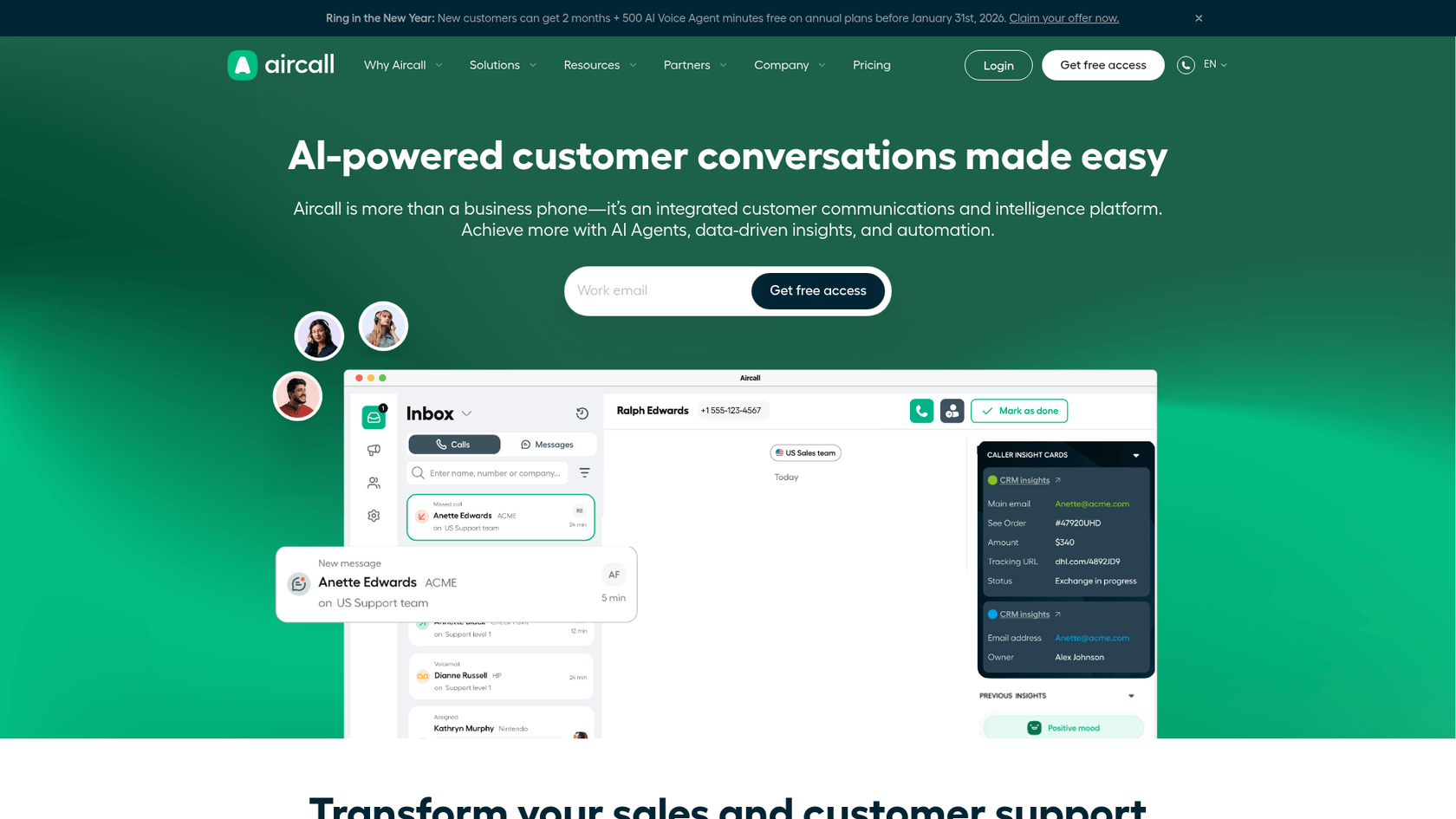 Ein Screenshot der Landingpage von Aircall.