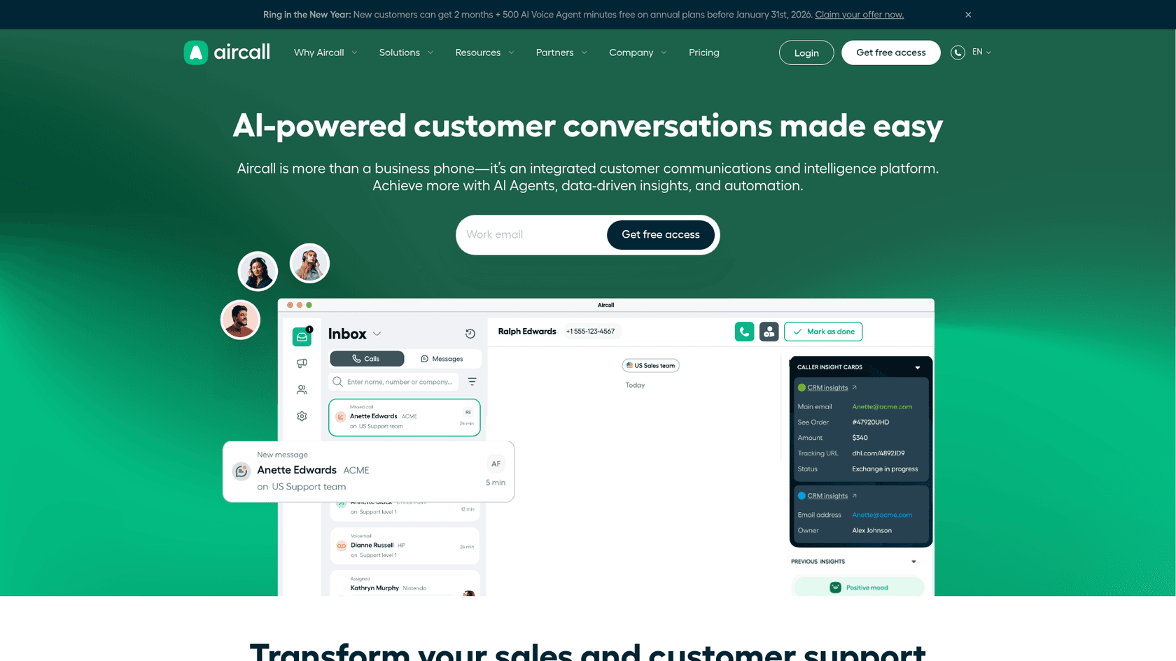 A screenshot of Aircall's landing page.