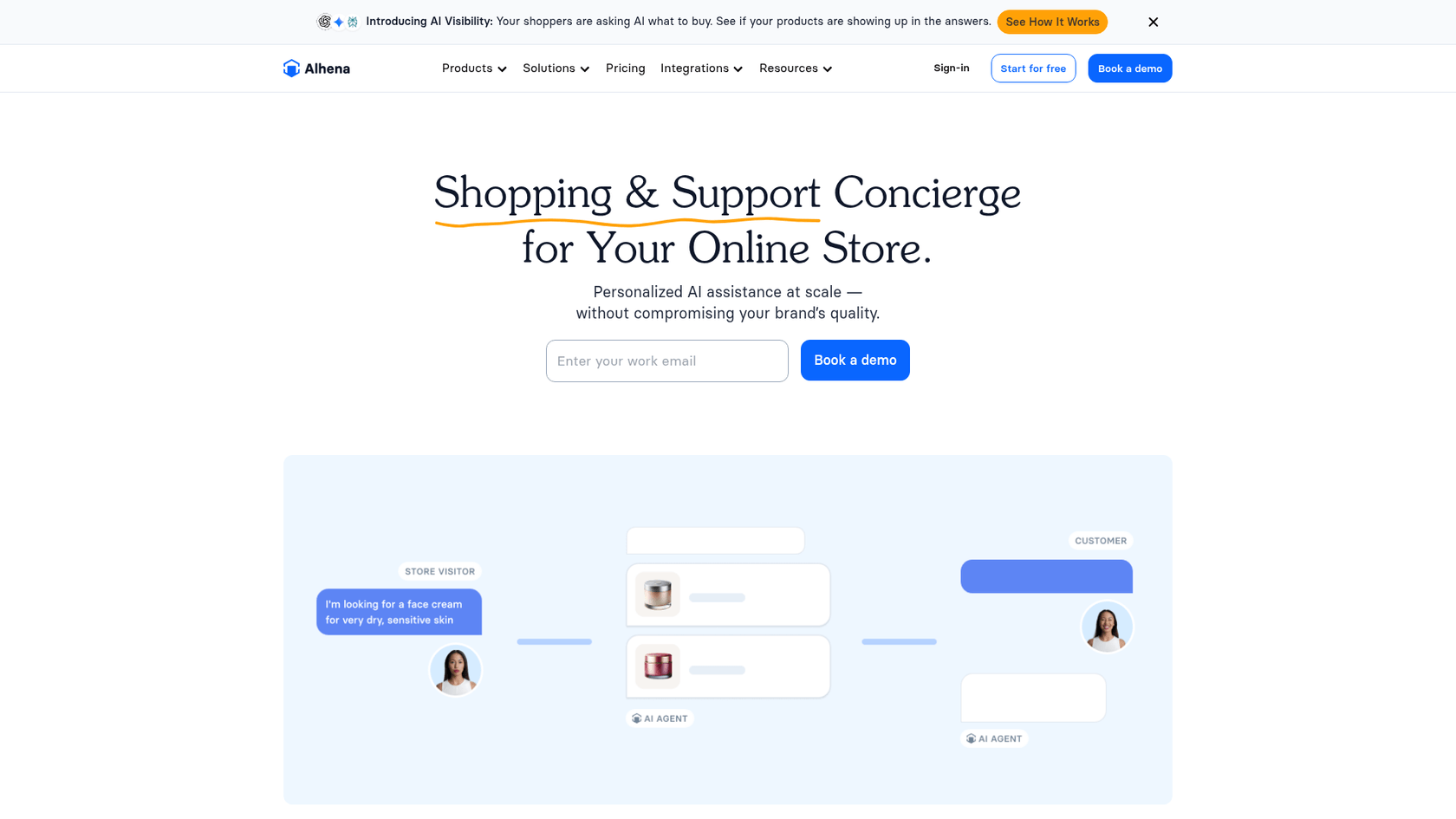 A screenshot of Alhena AI's landing page.