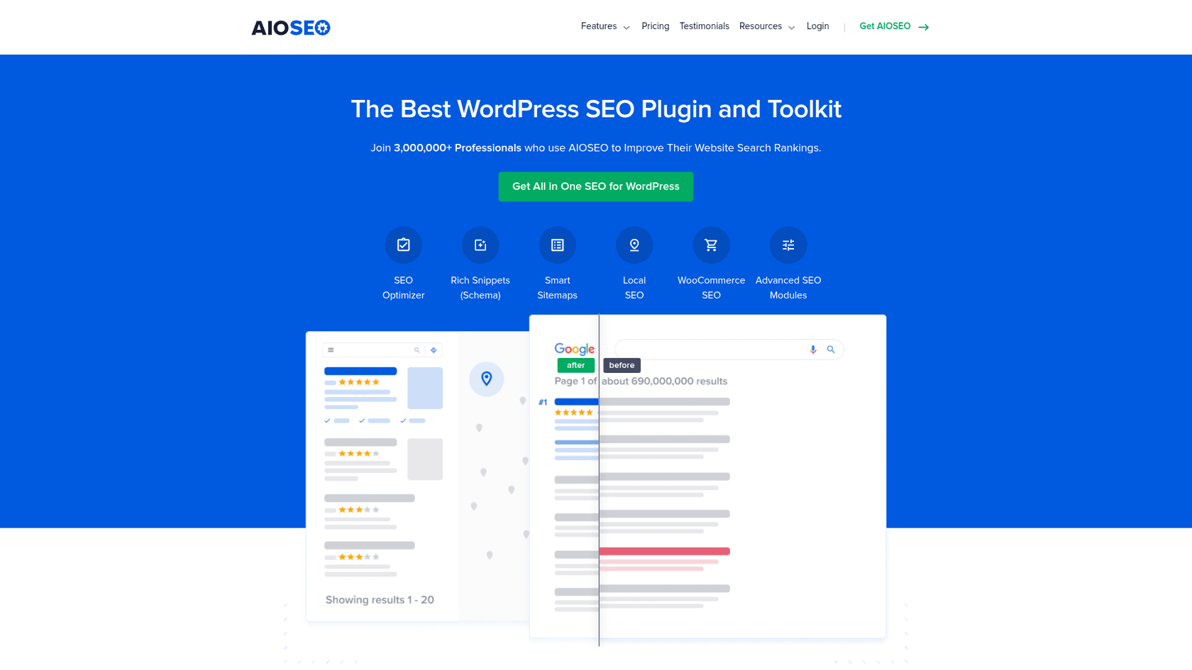 A screenshot of the AIOSEO landing page, a popular choice among Yoast AI alternatives.