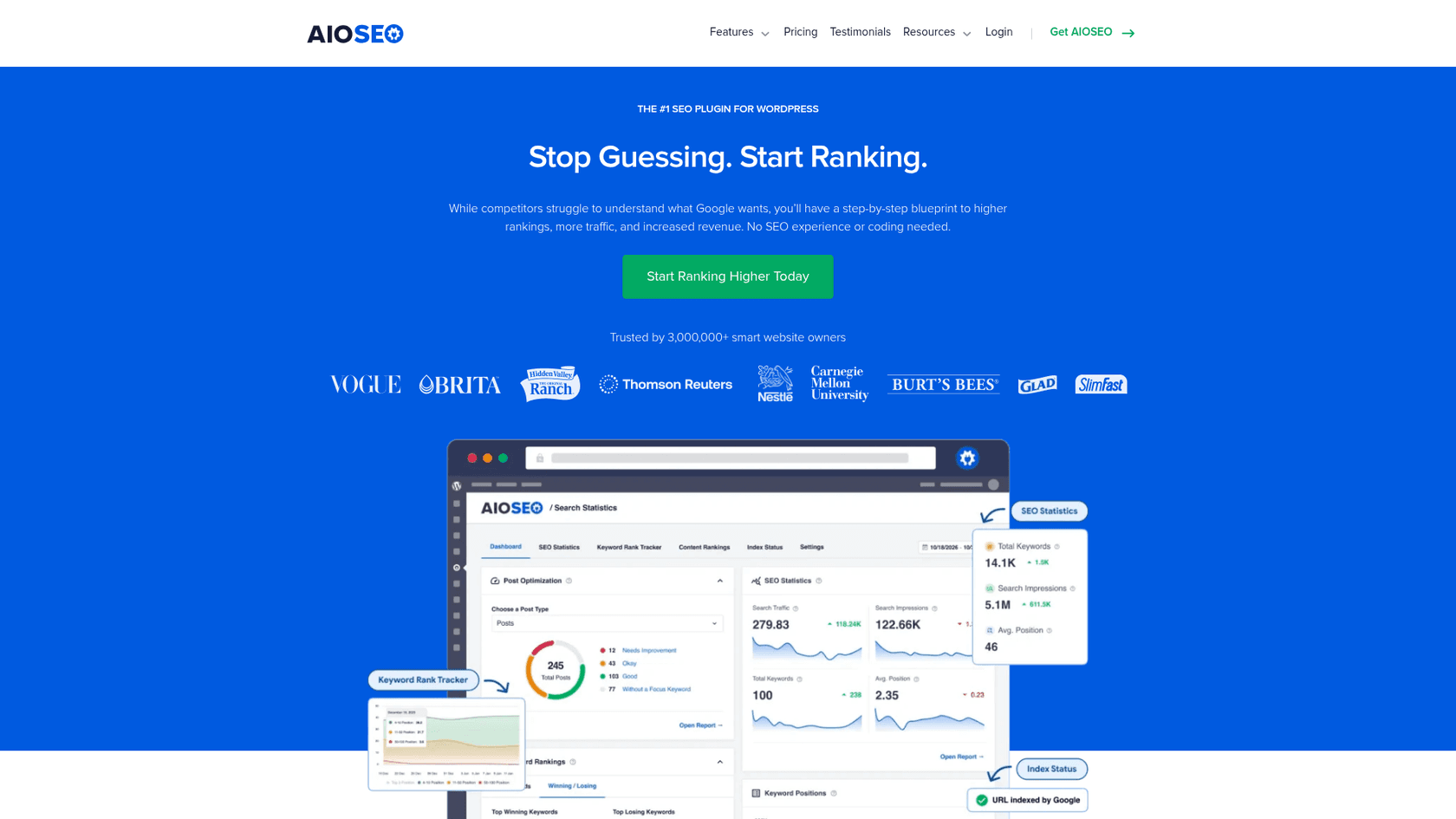 A screenshot of the homepage for the AIOSEO AI blog WordPress plugin, a leading SEO toolkit for WordPress.