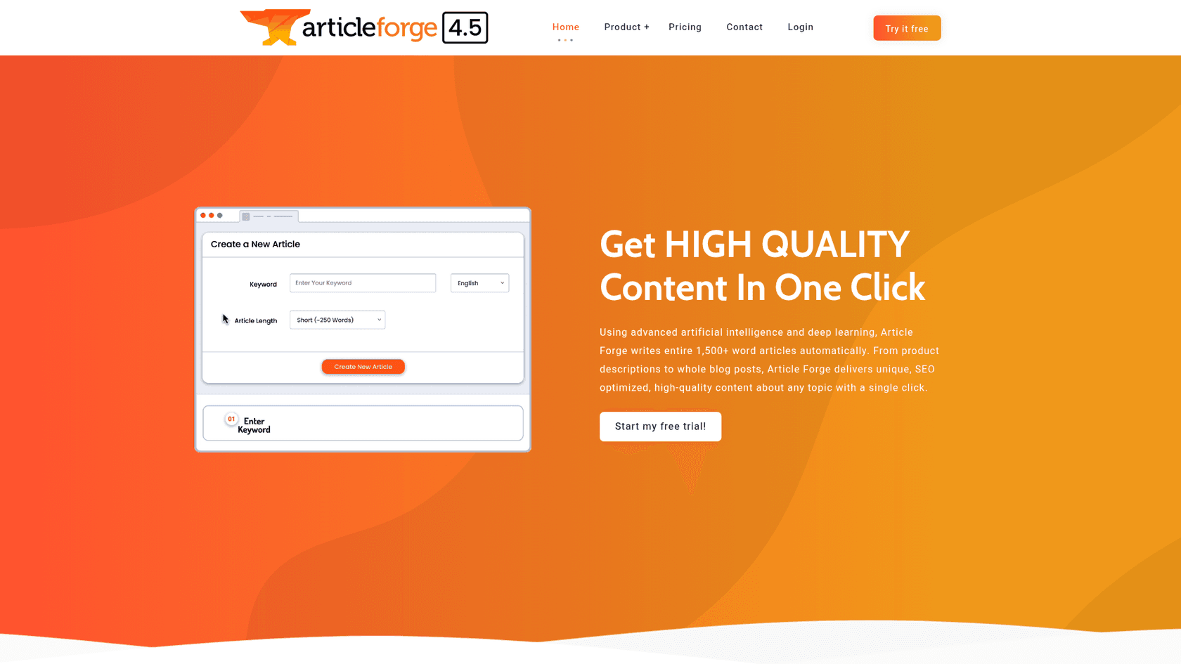 A screenshot of the Article Forge homepage, an automated AI bulk content generator.
