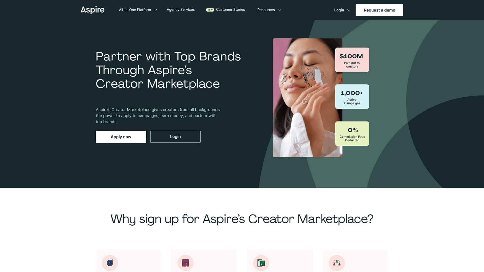 Ein Screenshot der Homepage des Aspire Creator Marketplace, einer Plattform zum Finden von Möglichkeiten für gesponsertes Blog-Schreiben.