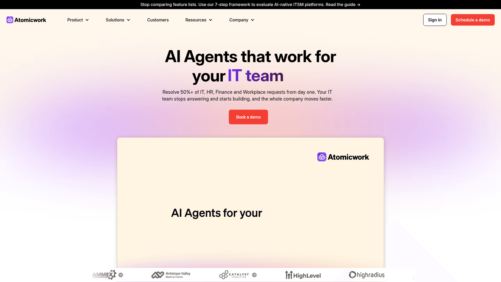 Atomicworkのランディングページのスクリーンショット。
