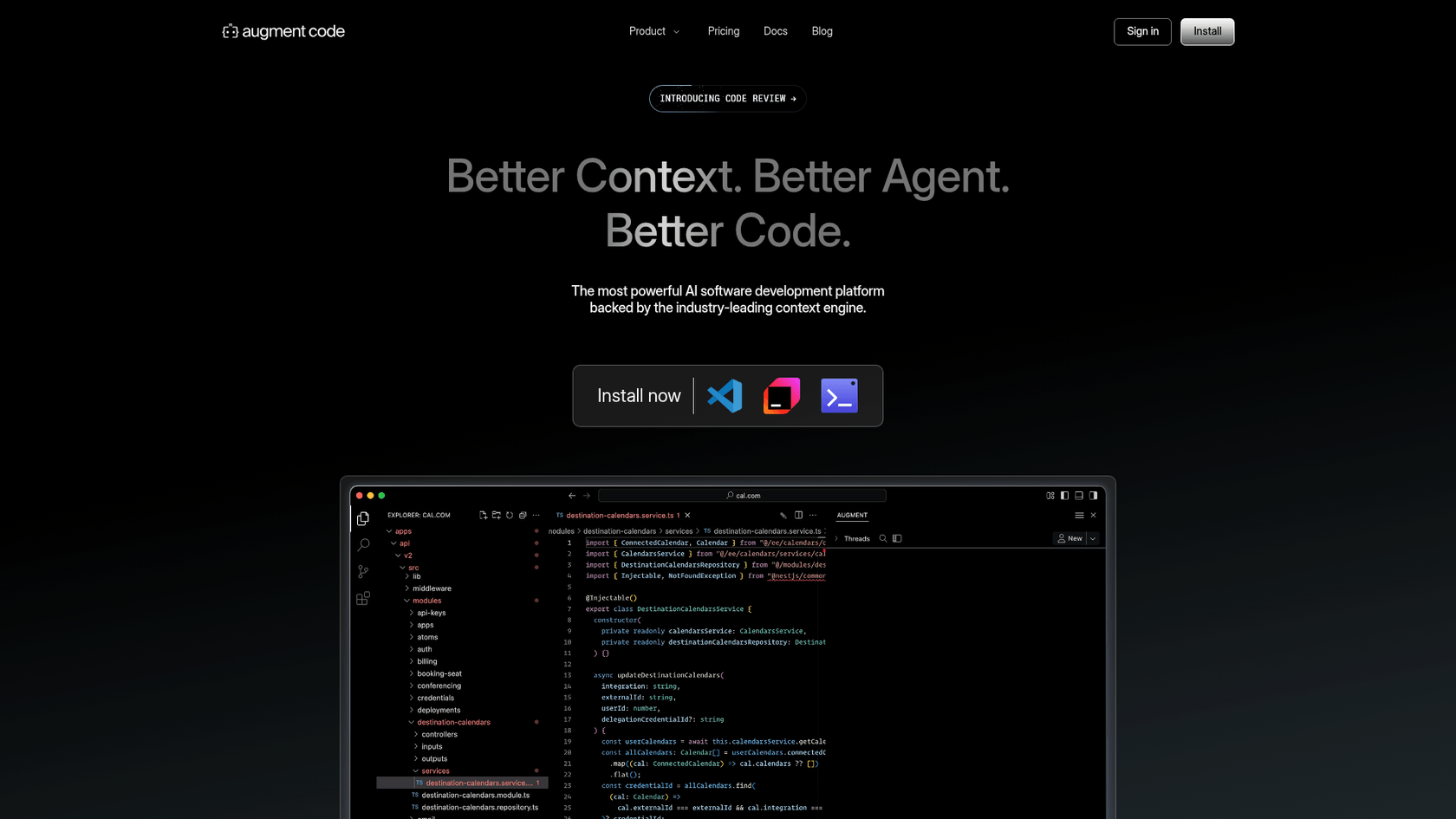 A screenshot of the Augment Code landing page, an enterprise-focused tool among GPT 5.3 Codex alternatives.