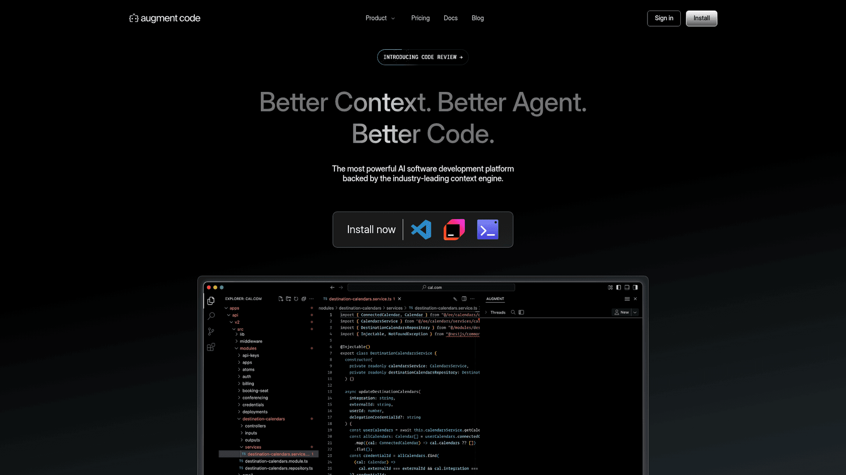 Una captura de pantalla de la página de inicio de Augment Code, una herramienta enfocada en empresas entre las alternativas a GPT 5.3 Codex.